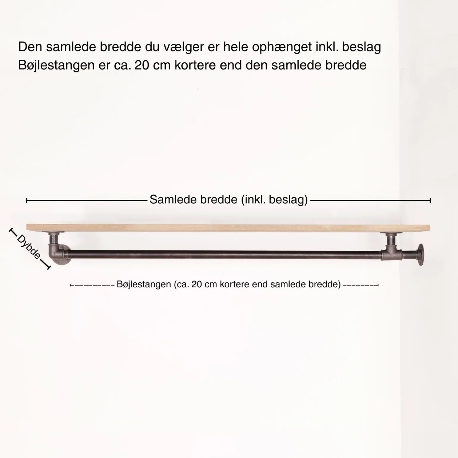 Bøjlestang LIAM sort med messing og hylde