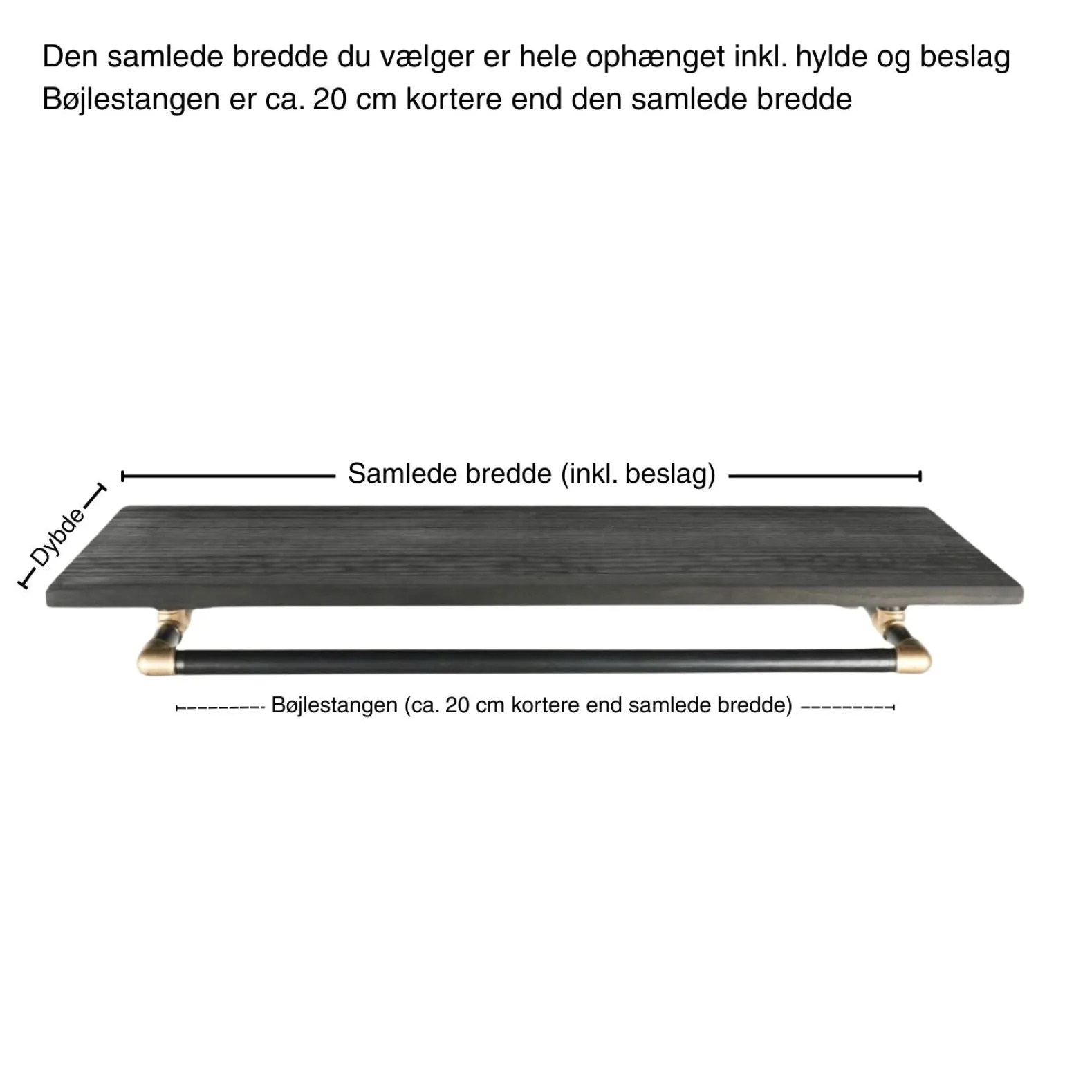 Bøjlestang SARA sort med messing og hylde