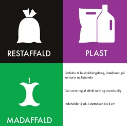 Plast, Restaffald & Madaffald – 3 stk – Klistermærker til affaldssortering pakke
