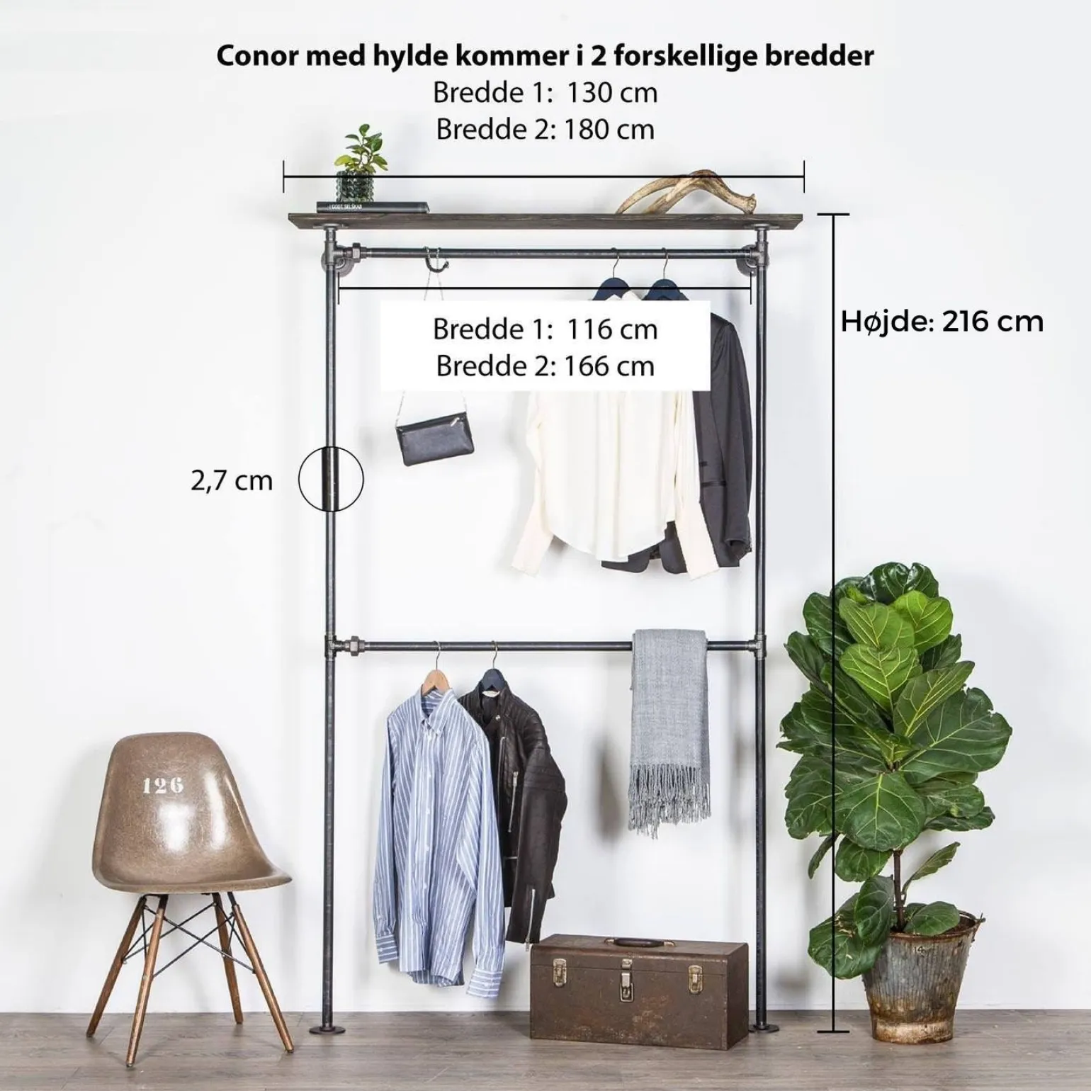 Tøjstativ CONOR sort med hylde